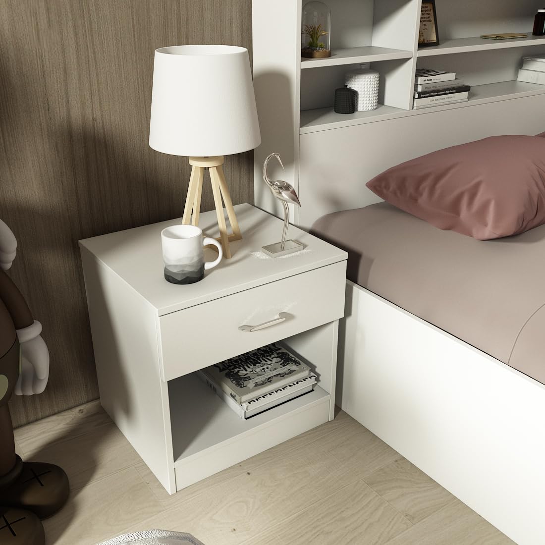 A GLOBIA CREATIONS Swiss Bedside Table – Engineered Wood | Frosty White Finish, Knock Down, Storage (Open & Closed), 36-Month Warranty-picture-21