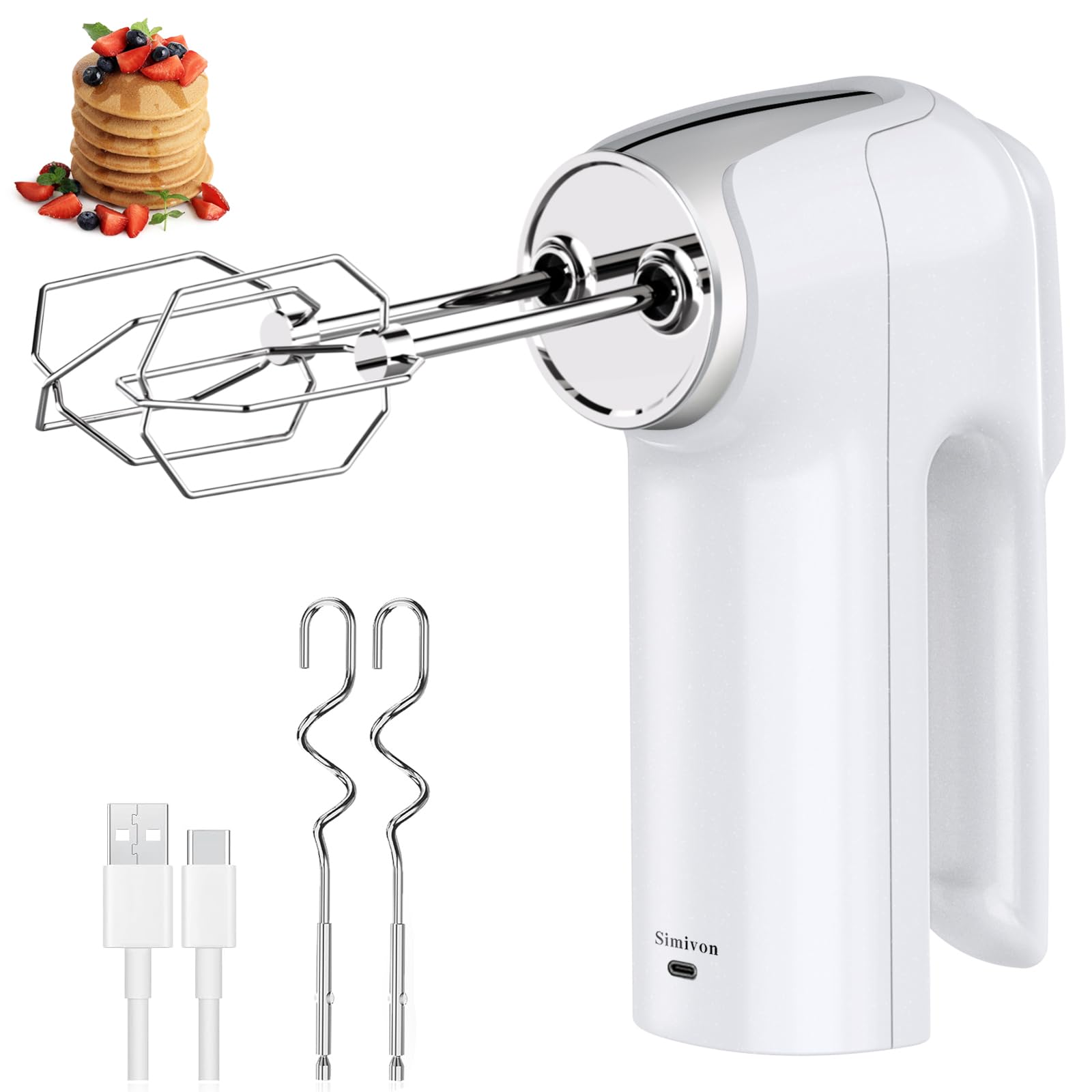Rechargeable Hand Mixer - Portable Cordless Electric Mixer with One-Touch Ejector,2 Easy-to-Clean Stainless Steel Dough Hooks,2 Whisks for Easy Whipping, Stirring,Mixing,3 Speed,Pearl White