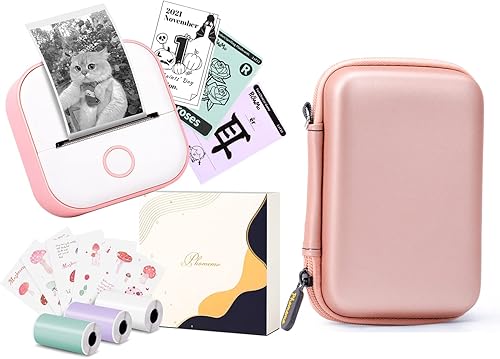 Memoking Mini etiquetadoras T02 Impresora pequeña portátil con 3 rollos de papel, máquina impresora de etiquetas adhesivas y funda, rosa