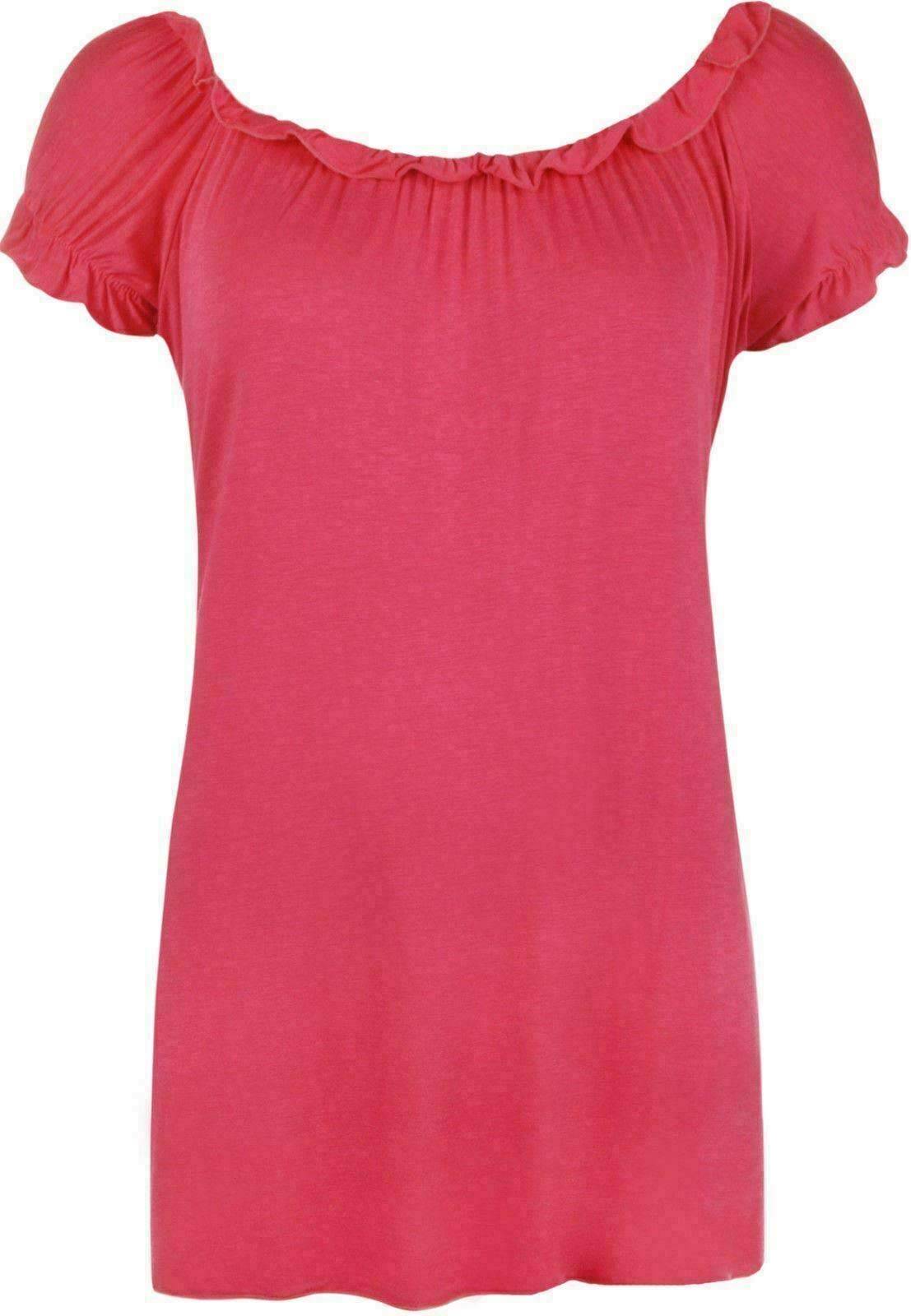 FAIRY BOUTIQUE Ladies Off Shoulder Gathered T Shirt Tops Womens Gypsy Boho Ruched Elasticated Stretch Top Cerise