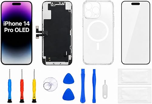 OLED Replacement Screen for iPhone 14 Pro 6.1-inch, Touch Digitizer Display Assembly with Clear Magnetic-Ring Case, Tempered Glass Protector and Precision Tool Kit