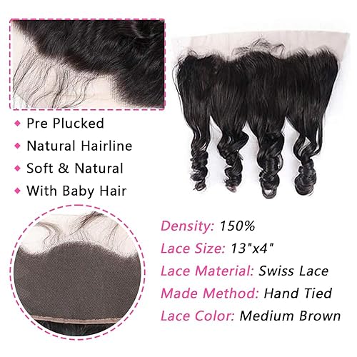 Miniatura 4 de Extensiones de cabello humano ondulado suelto con frontal (14, 16, 18+12), grado 12A, 100% ondulado, extensiones de cabello humano con encaje