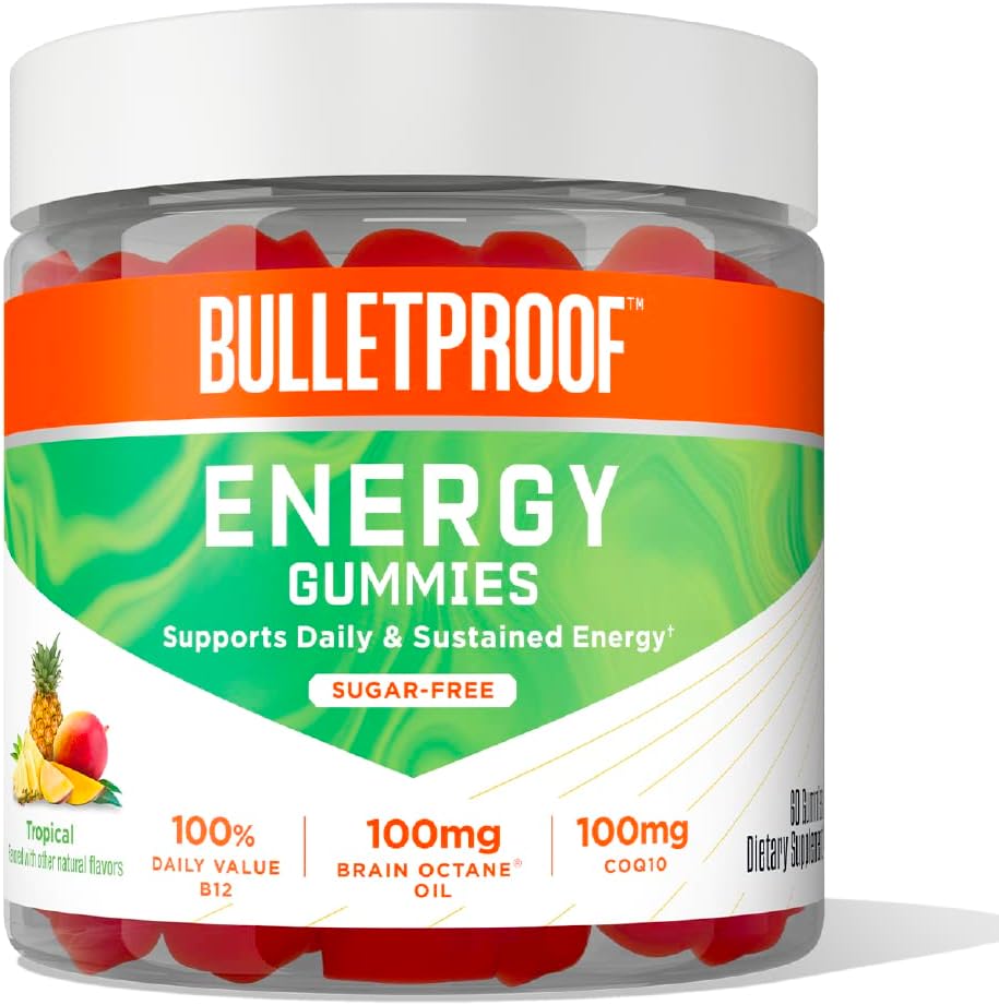 Sugar-Free Tropical Energy Gummies, 60 Count, Supplement for Daily & Sustained Energy with 100mg CoQ10, Daily Value of B12, 100mg Brain Octane Oil