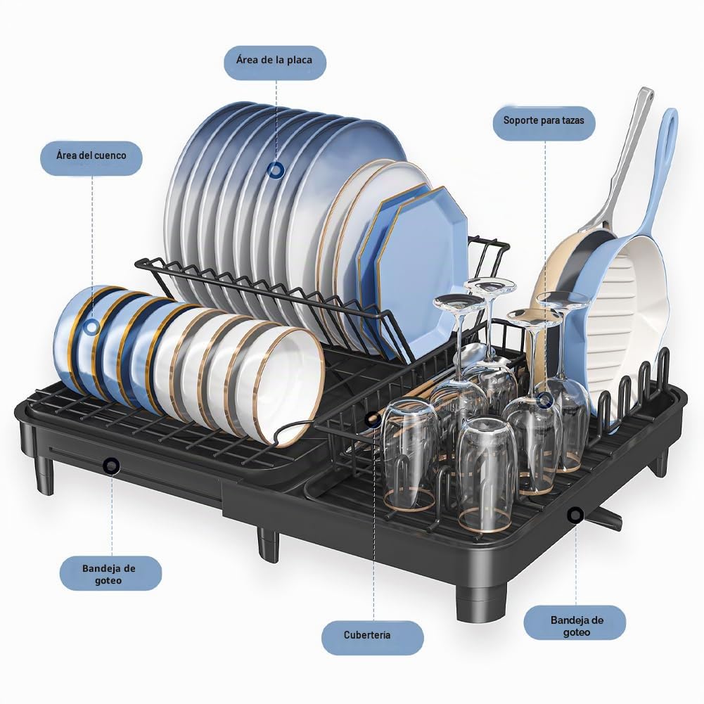 YunNasi Escurreplatos Extensible 32-52,5 cm, Escurridor Platos | Grande, en Acero al Carbono, Con Bandeja Recogegotas, Portacubiertos