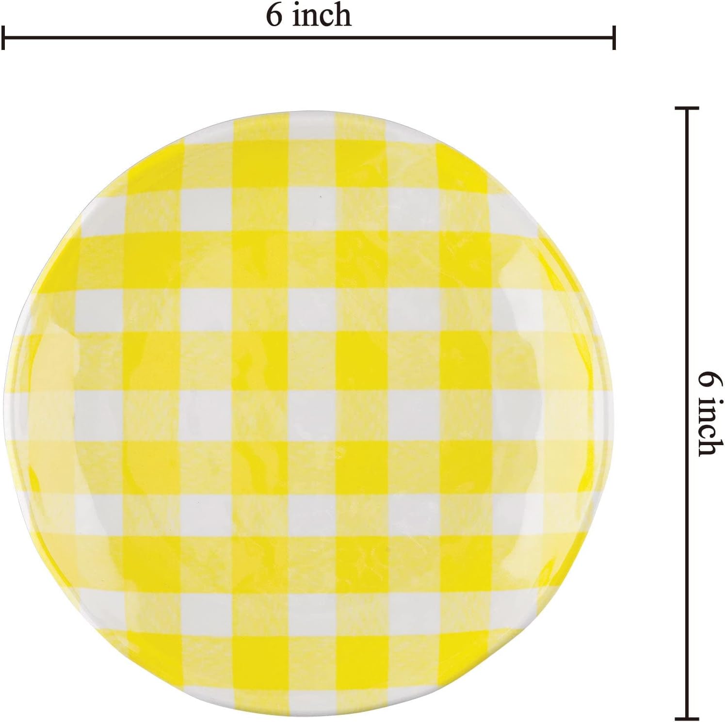 UPware Gingham Melamine Round Dessert Plates, Small Serving Plates, for Appetizer, Snacks, and Side Dishes, Yellow, 6 Inch, Set of 4