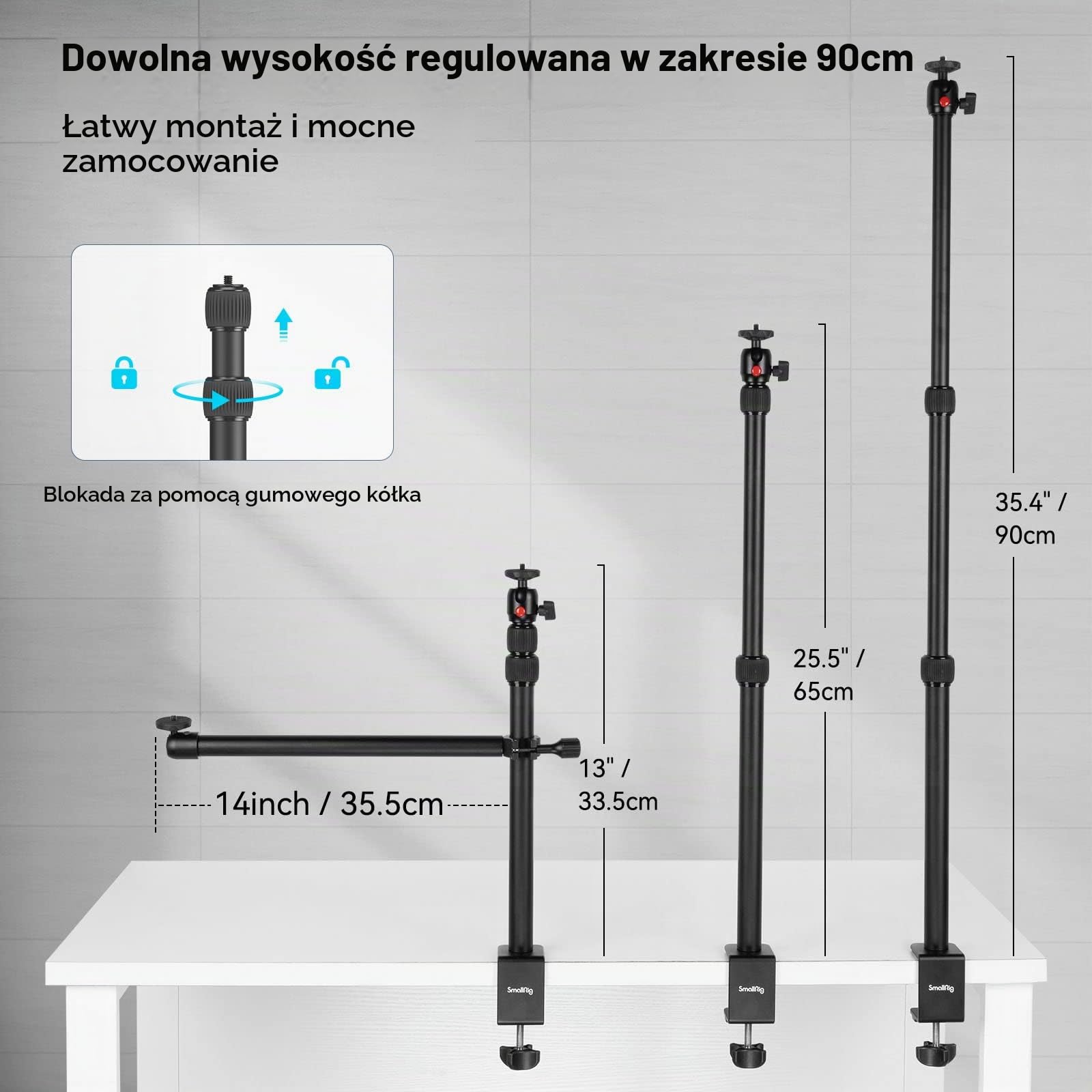 SMALLRIG Stolik do Montażu na Aparacie z Magicznym Ramieniem i GłOwicą Kulową 1/4", 33-99cm, Regulowany Stojak ŚWietlny, Zacisk StołOwy do Aparatu Dslr, Lampa PierśCieniowa, Transmisja na ŻYwo - 3992