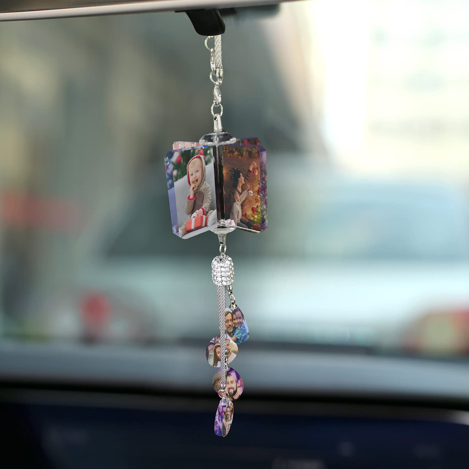 Ciondolo Portafoto In Cristallo Personalizzato Per Specchietto Auto - Forme: Cubo, Cuore, Girandola - Regalo Unico Per Lui E Lei