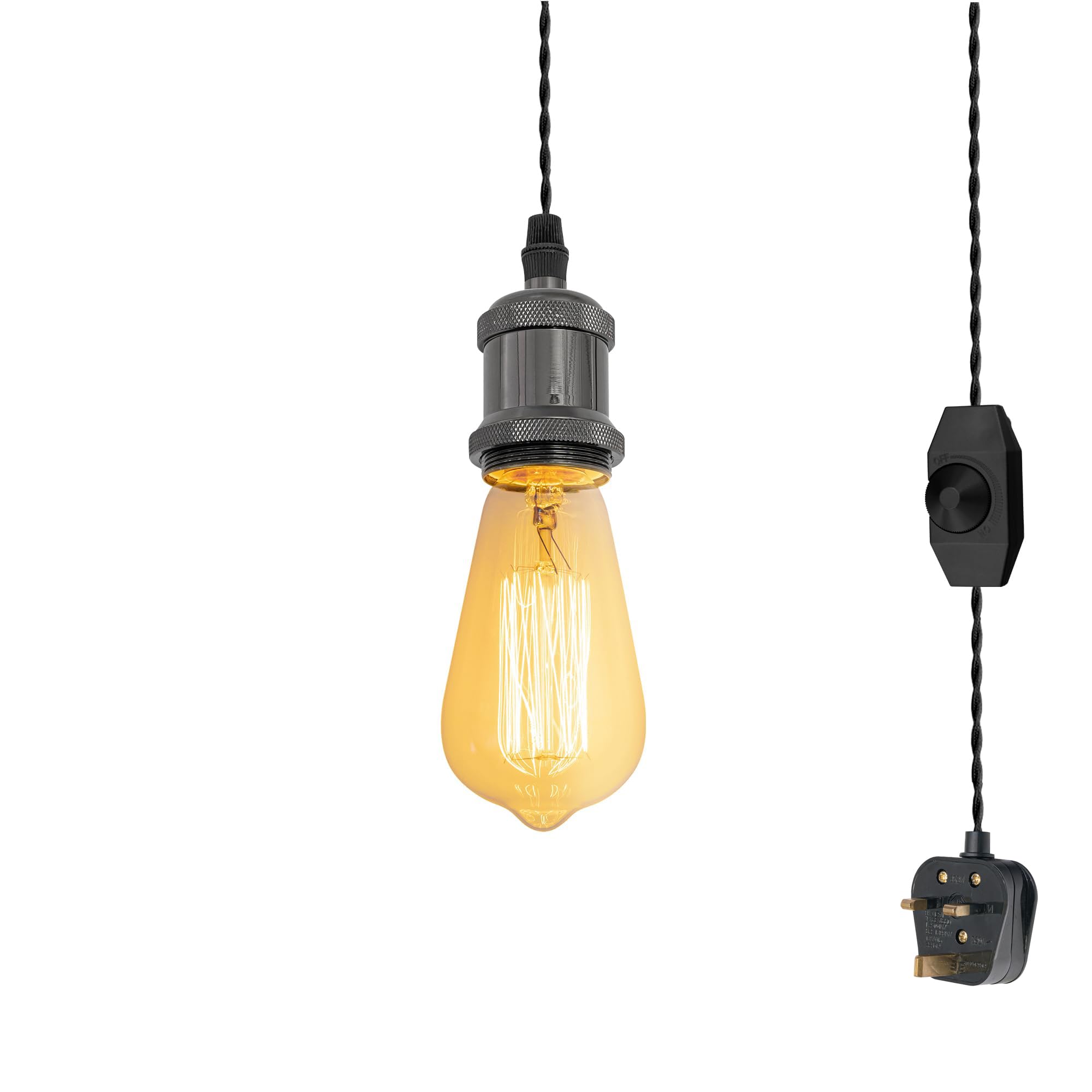 4.5 Meters of Black Twisted Fabric Cable Plug In Pendant Lighting Kit Pendant Light Fitting with Dimmer Switch and E27 Pearl Black Lamp Holder