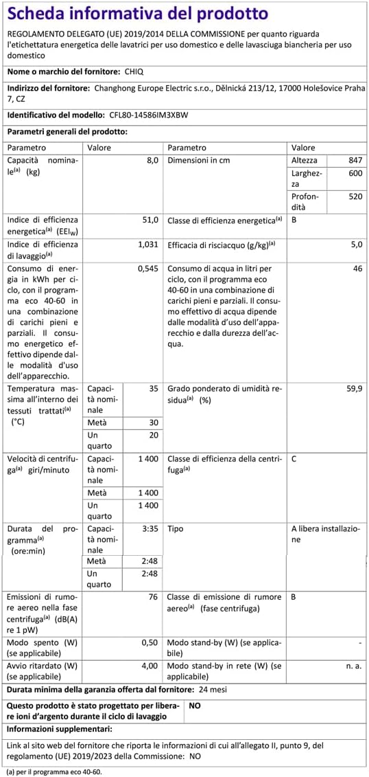 CHiQ CFL80-14586IM3XBW, Lavatrice Slim, 8 Kg, 1400 RPM, 54L,Motore Inverter, One Touch, Quick Wash,Child Lock, 60x43×84cm