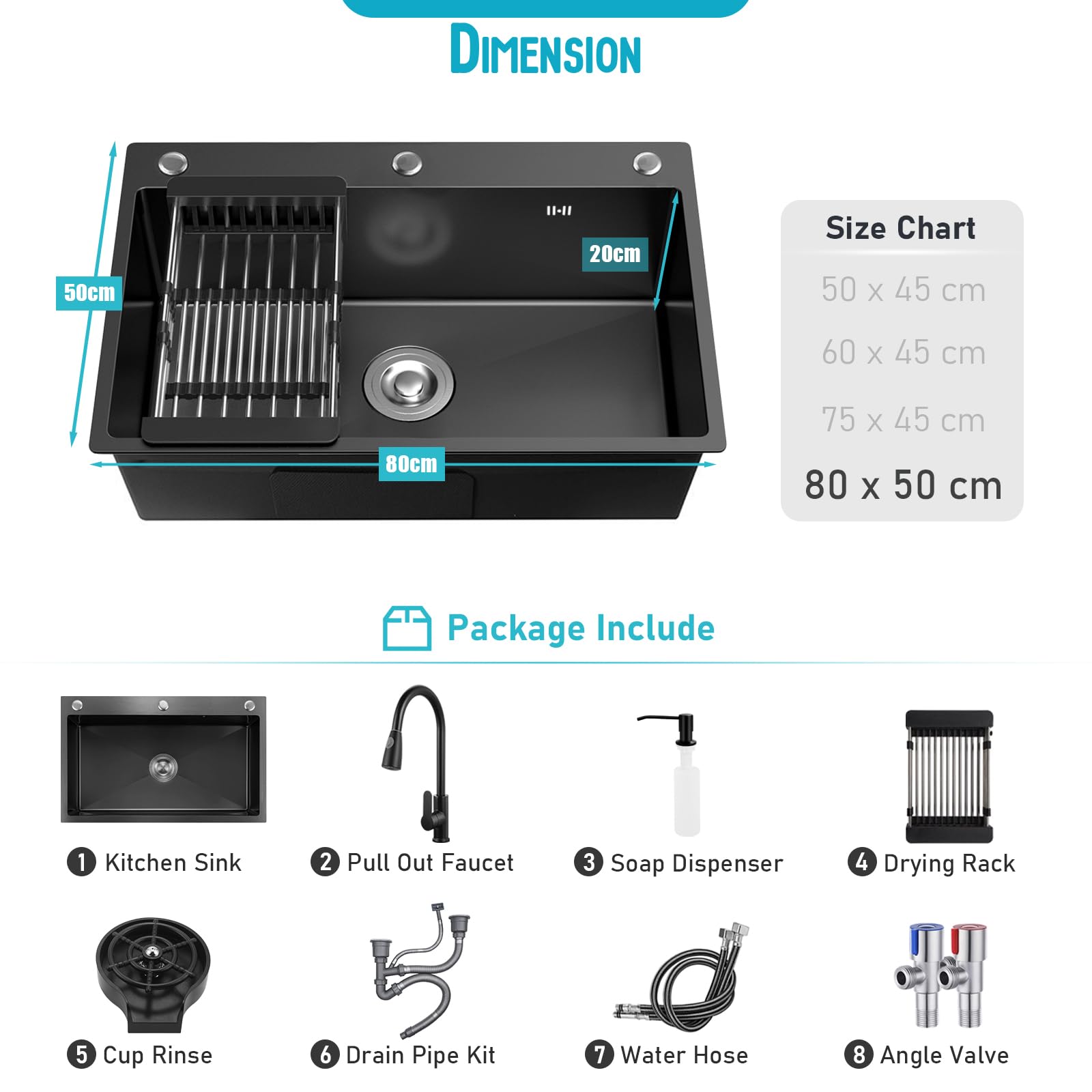 Lavello Cucina in Acciaio Inox 80 cm, Lavello da Incasso a 3 Fori con 1 Vasca, Set Completo con Rubinetto Estraibile, Lavabicchieri e Kit di Scarico (Grigio Scuro, 80 x 50 cm)