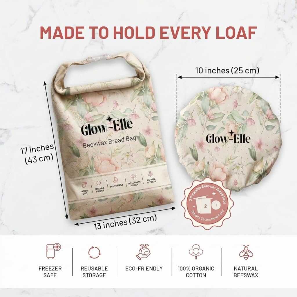2 Pack Beeswax Bread Bags for Sourdough & Homemade Bread, XL 13"x17" Reusable Bread Storage Bags, Breathable Plastic-Free Keep Fresh, Freezer Safe + Organic Cotton Bowl Cover