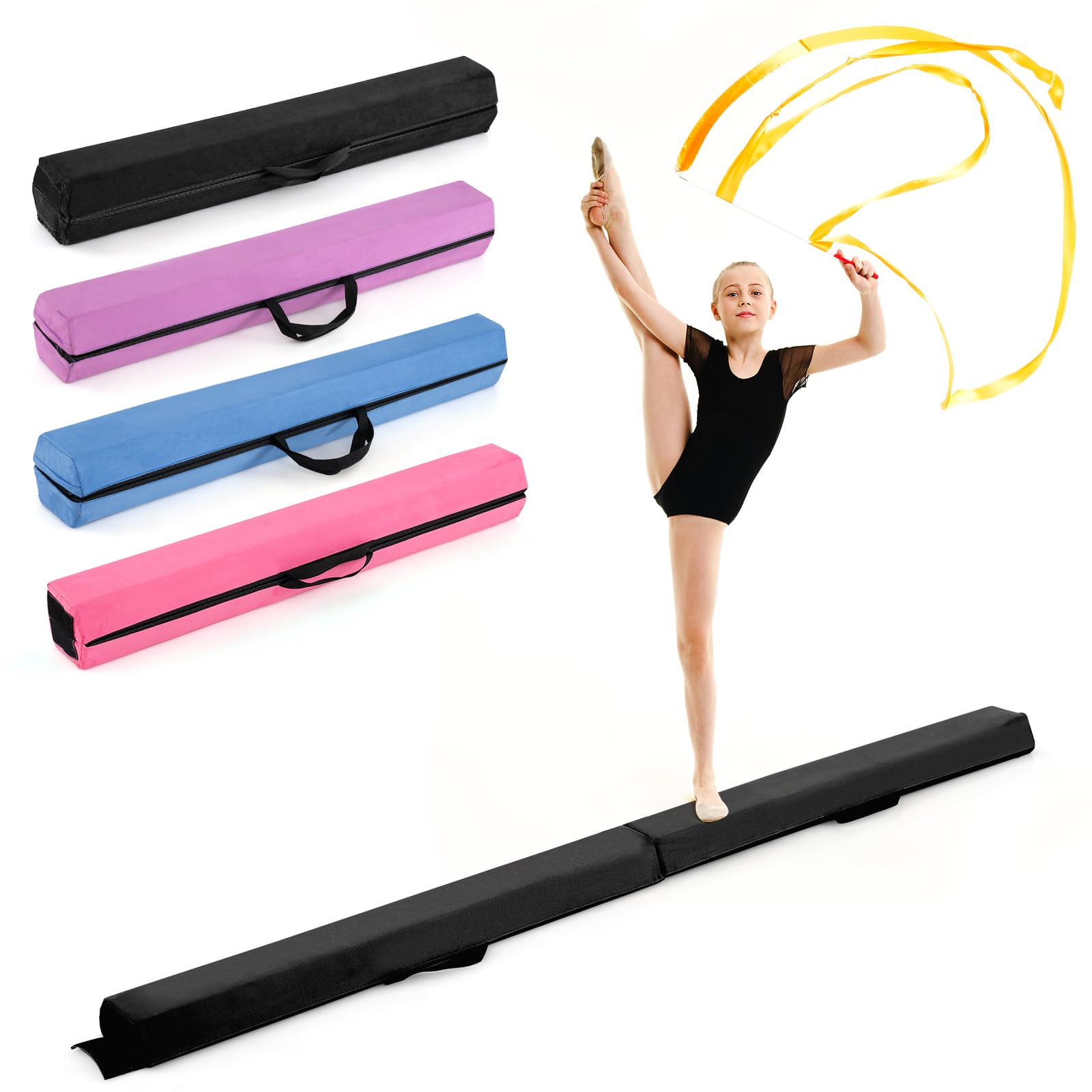 COSTWAY Folding Gymnastics Balance Beam, 7ft/210cm Kids Training Beam with Carry Handles, Removable Suede Cover and Non-slip Bottom, Floor Gymnastics Beams for Home Gym Exercise (Black)