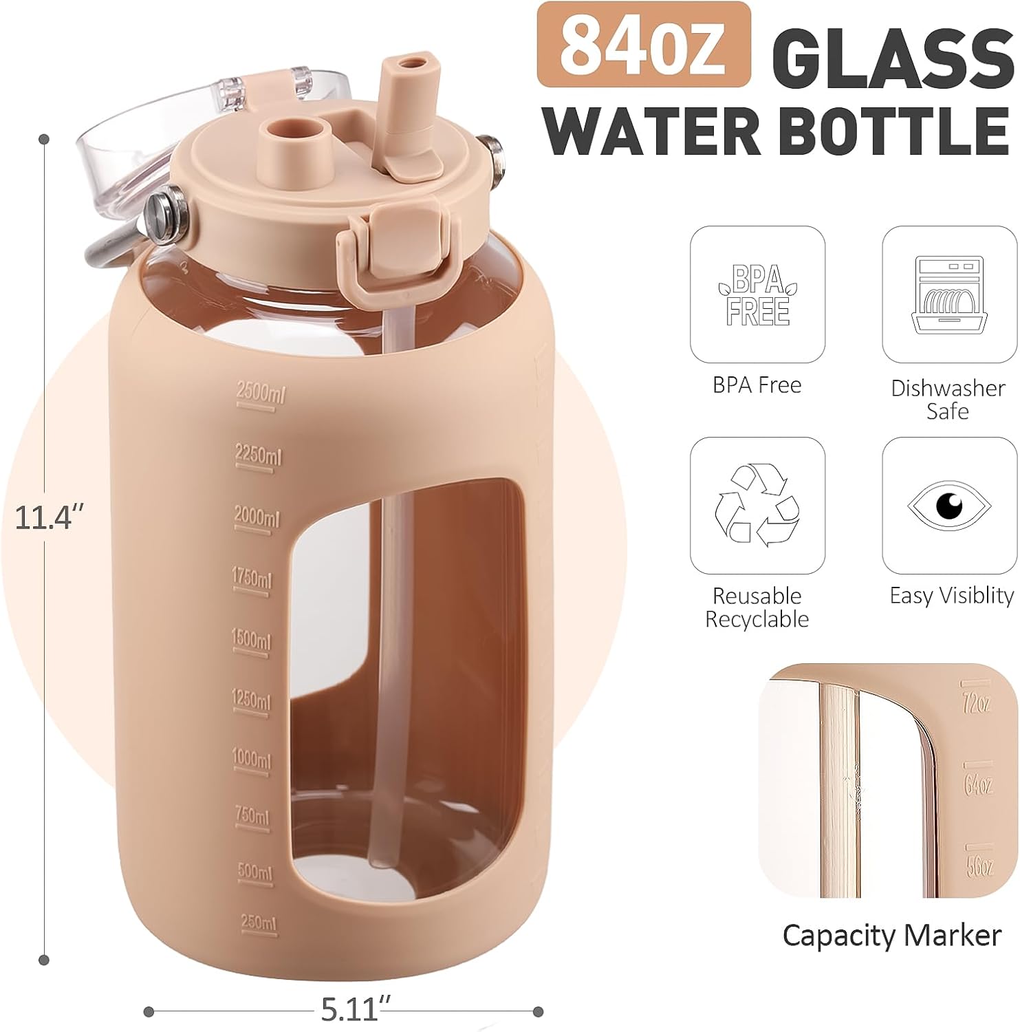 84oz Glass Water Bottle with Stainless Steel Handle,2.4L Gallon Water Bottle with 2-IN-1 Straw Lid, Silicone Sleeve and Motivational Capacity Marker, Wide Mouth Water Jug For Gym, Workout, Amber - Image 2