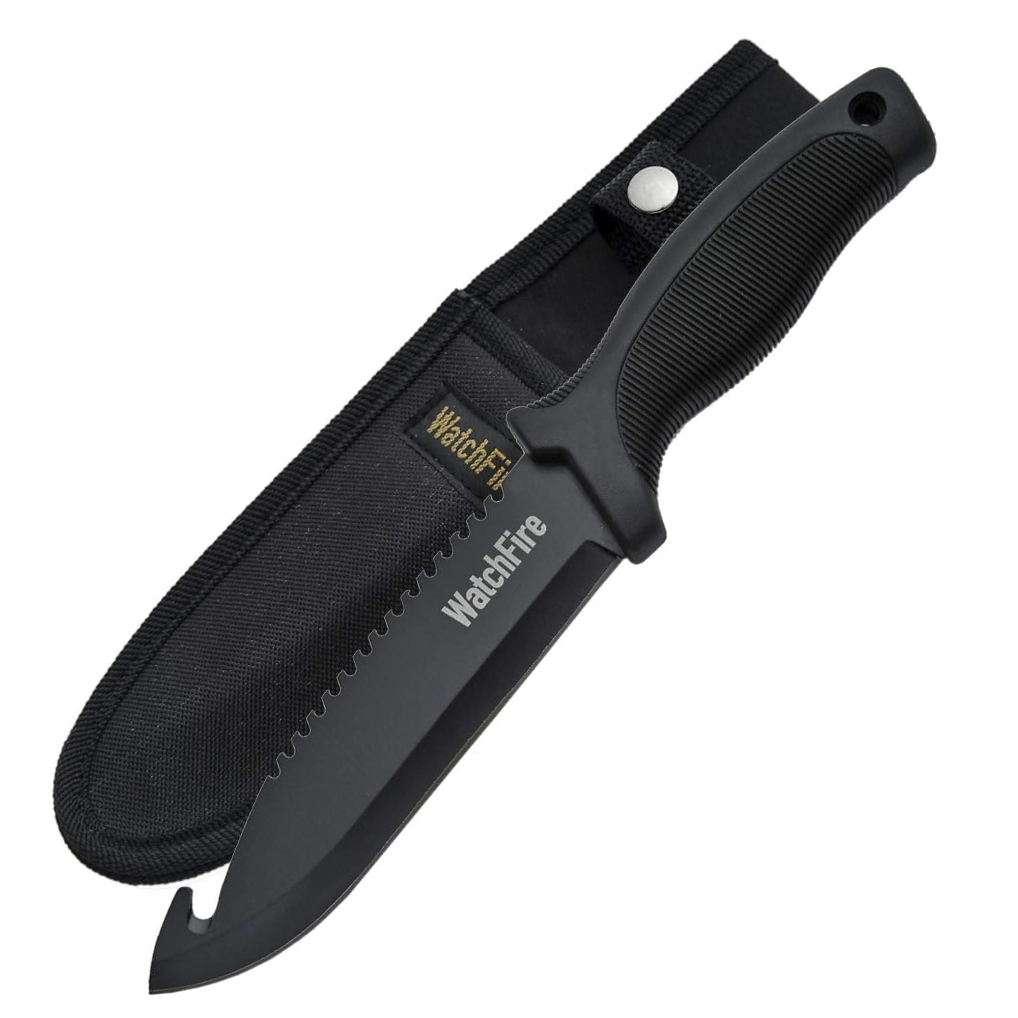 WatchFire SZCO Full Tang Guthook Hunting Knife 10.5 Inch - Black Fixed Blade Outdoor Knife with Skid Proof Handle, Stainless Steel Blade & Sheath for Camping, Hunting & Outdoor uses for Men