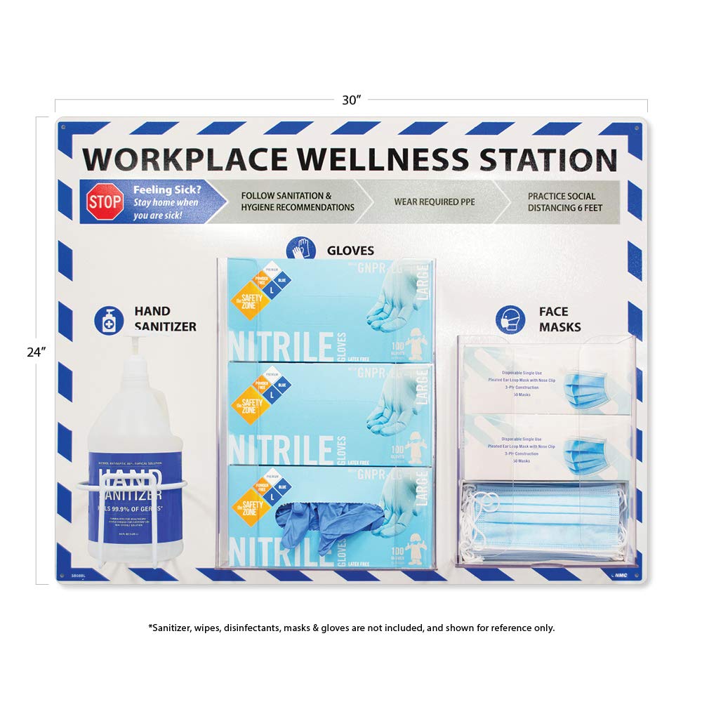 NMC SB08BL Workplace Wellness Station, plástico rígido de 24 x 30, azul con un estante de botella de alambre y dos expositores acrílicos