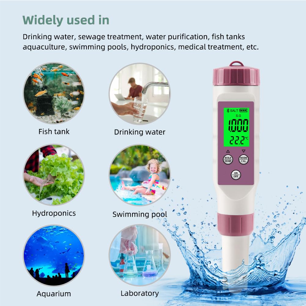 Bolígrafo probador de calidad del agua, 7 en 1, medidor de pH/TDS/EC/ORP/S.G/salinidad/temperatura para agua potable, pecera, acuario, piscina, herramienta de prueba de alta precisión