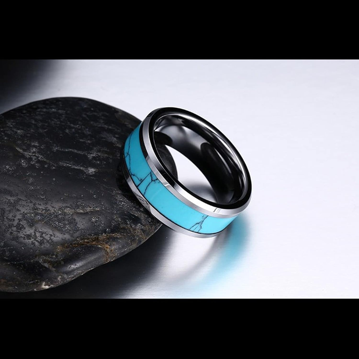 Promise Ring Matching, Tungsten Ring for Men 8mm Silver Ring Inlay Turquoise Wedding Gifts for Boyfriend