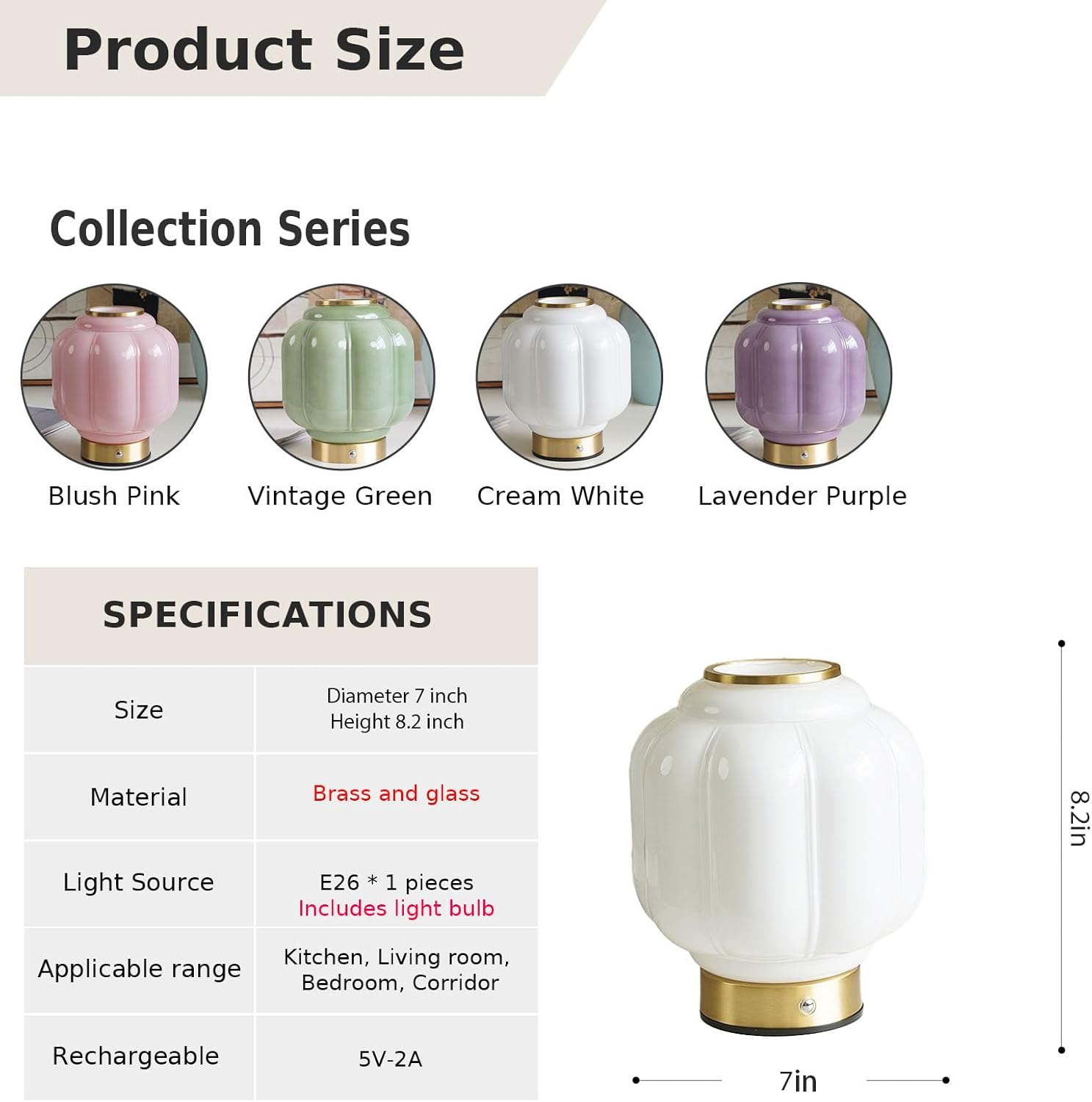 Mushroom Lamp, Cordless Rechargeable Table Lamp with Brass Base & White Glass Shade, 4W Dimmable Bedside Table Lamp, Small Vintage Desk Light for Mid Century Modern Home Decor (White)