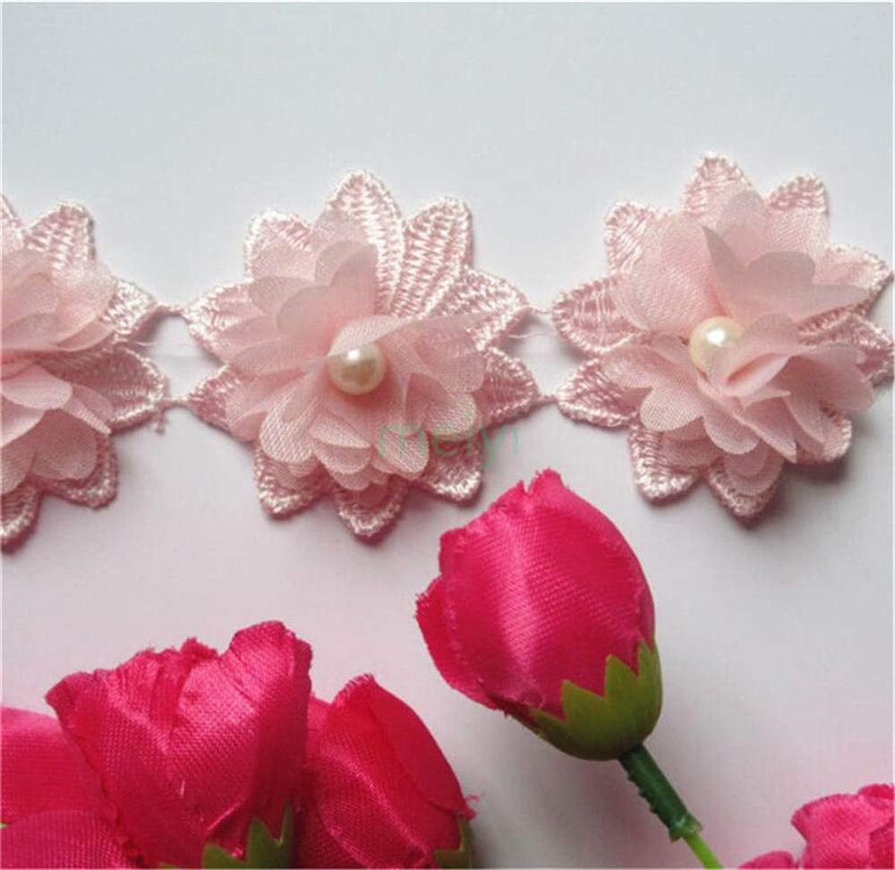 20pcs Flower Pearl Beads 3D Chiffon Floral Lace Ribbon Edge Trim 2 inch Width Vintage Style Edging Trimmings Fabric Embroidered Applique Sewing Craft Wedding Bridal Dress Decoration DIY (Yellow)