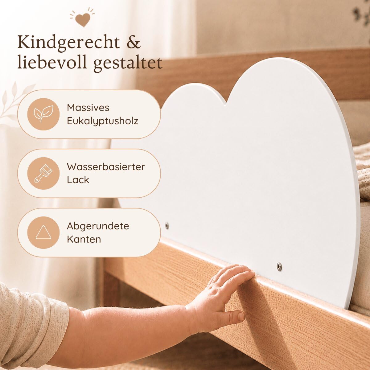 Rausfallschutz Bett aus Holz in süßem Design für Kinder - Bettgitter Rausfallschutz Wendy fürs Kinderzimmer, Bettschutzgitter Kinderbett, Hausbett bis 200cm geeignet, schön, stabil + sicher