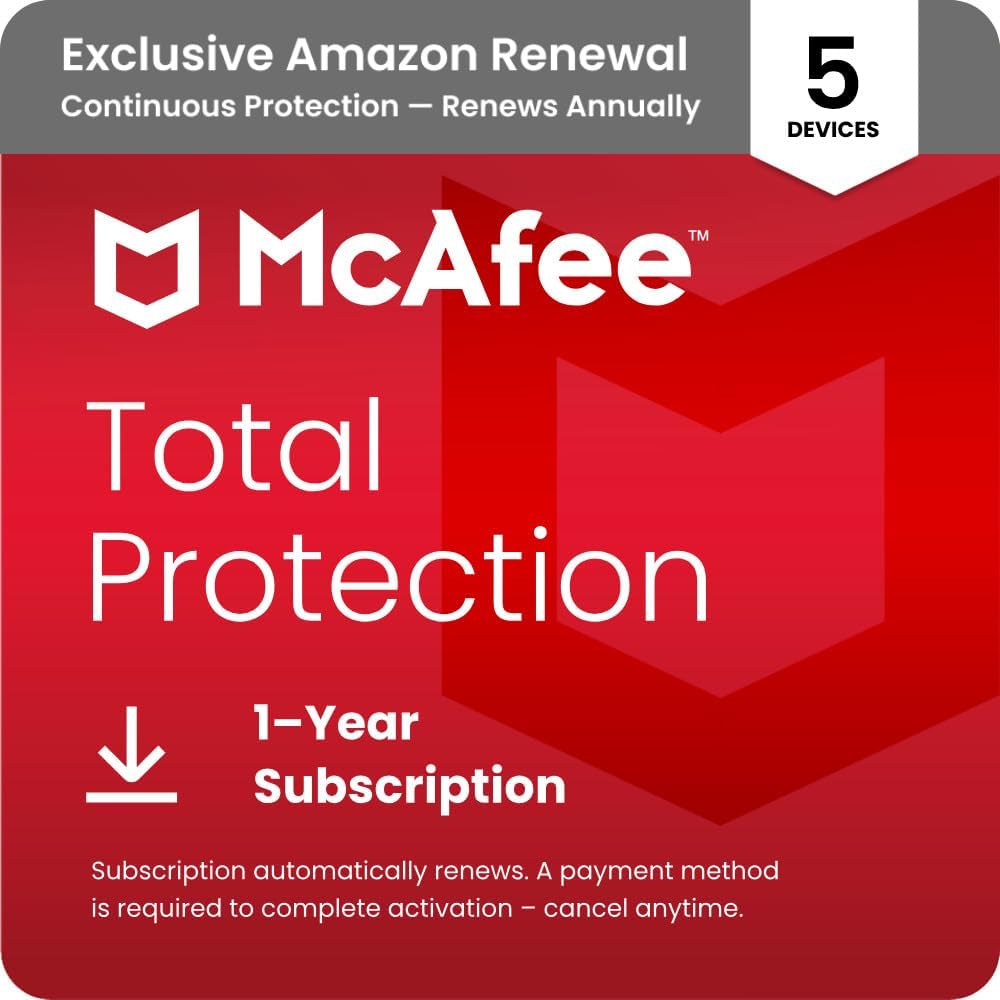 McAfee Total Protection 2026 Antivirus Software for 5 Devices | Auto-Renews | Exclusive Amazon renewal includes VPN, text, email and video scam protection, identity monitoring and password manager