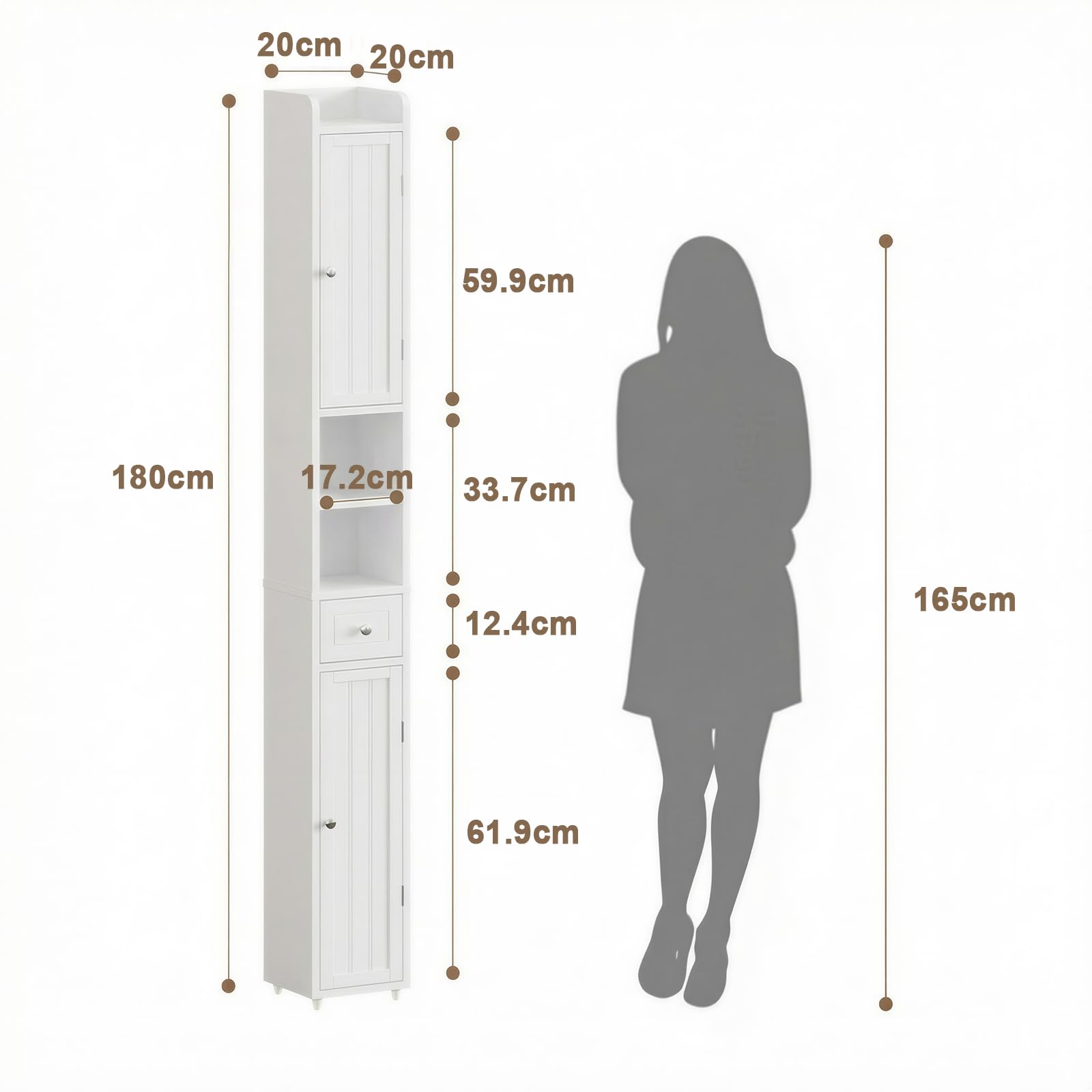 Meuble Colonne Salle de Bain, Armoire Haute de Salle de Bain avec 2 Portes et 1 Tiroir, Étagères Réglables, pour Petits Espaces, Blanc