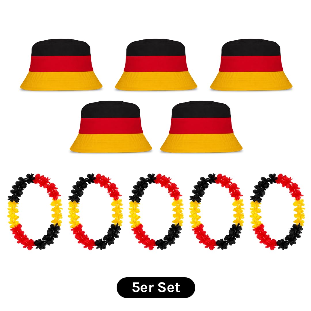 Deutschland Fischerhut Schwarz Rot Gold + Deutschland Blumenkette, Fußball Fan Hut für WM 2026 Weltmeisterschaft, Bucket Hat Herren Damen, Fanartikel, Public Viewing Sonnenhut, Anglerhut DE
