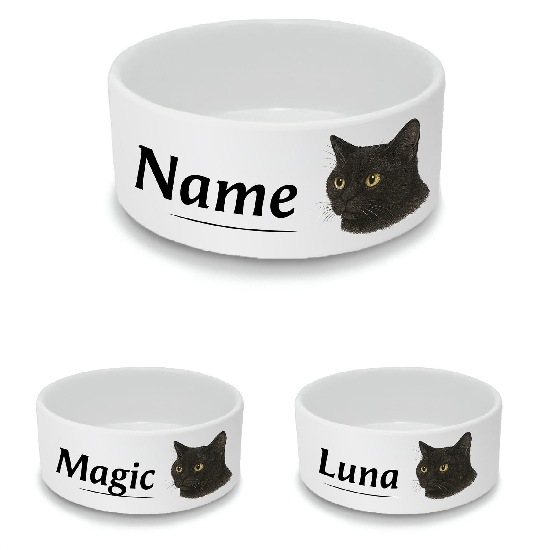 Personalised Ceramic Cat Bowl - Small White Pet Food Dish with Black Cat Design - Custom Name Cat Bowl 13cm Wide x 5.5cm Deep - Ideal for Small Cats — image 1