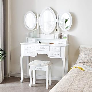 liangge Toeletta con Specchio Pieghevole e Sgabello, Postazione Trucco, Tavolo Cosmetici per Camera da Letto (Specchio Ovale, 5+2 Cassetti)