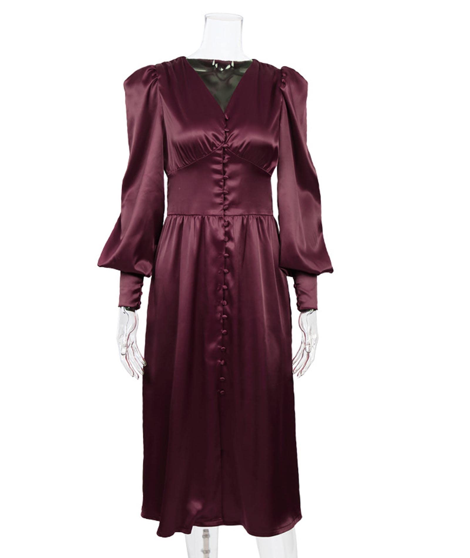 xxxiticat Abito da donna a maniche lunghe, in raso, a maniche lunghe, con bottoni, con volant, stile vintage, maniche a sbuffo