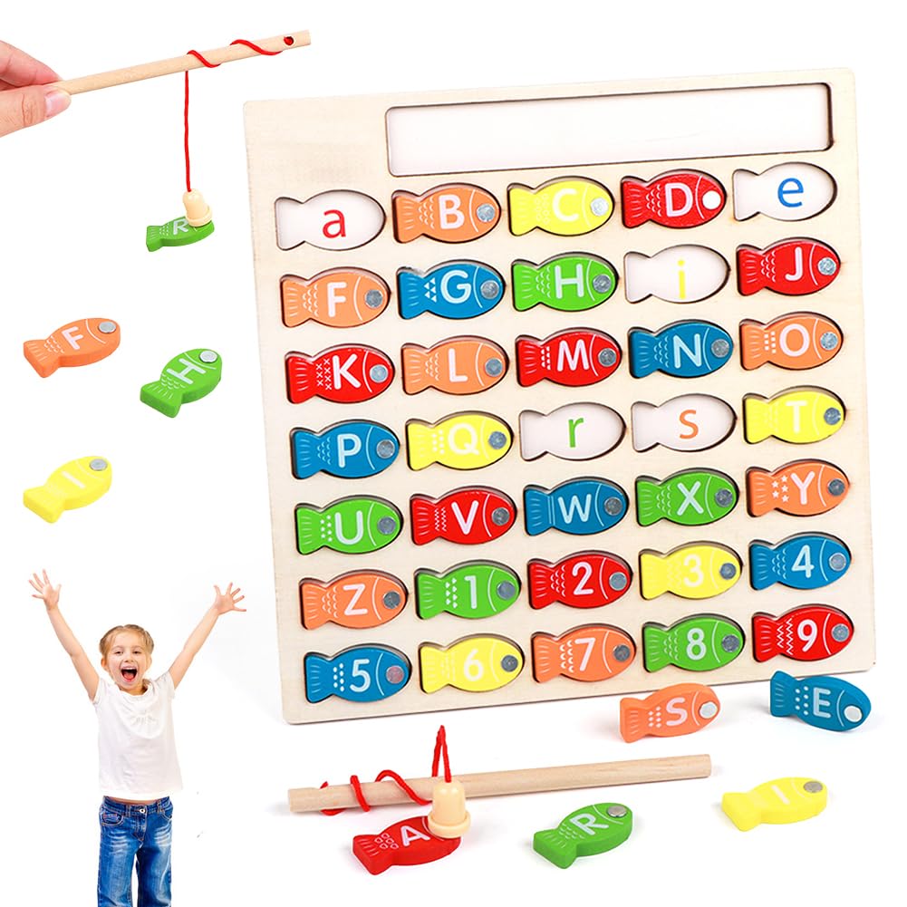 HATFRYF Wooden Magnetic Fishing Game, Wooden Fishing Game Toy, Educational Learning Fine Motor Skills Toys, Wooden 26 Letter Fish Numbers Color Matching Puzzle with Basemap Lowercase, for Boys Girls