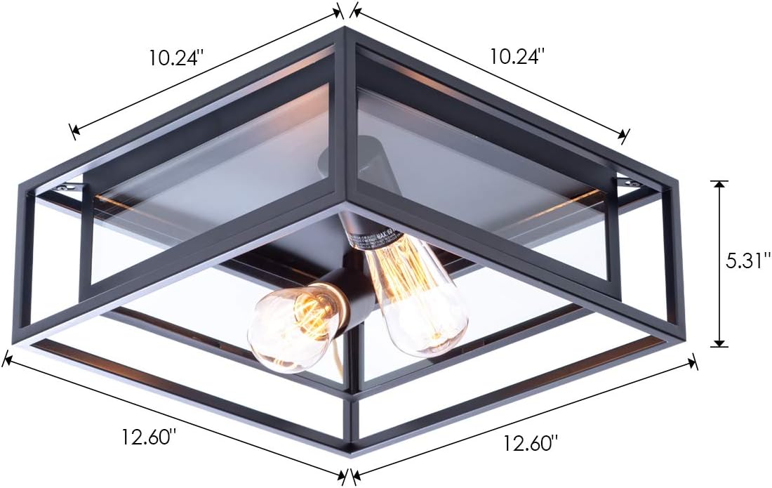 VILUXY Modern Black Flush Mount Ceiling Light Square Ceiling Lamp Fixture with Glass Shade for Hallway, Entryway, Passway, Dining Room, Bedroom,Kitchen, Living Room Two-Light