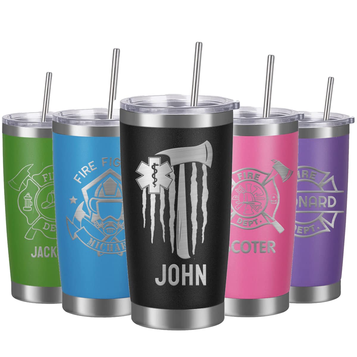 Personalized Firefighter Tumbler – Custom Engraved 20 Oz Insulated Mug With Lid & Straw, Gift For First Responders