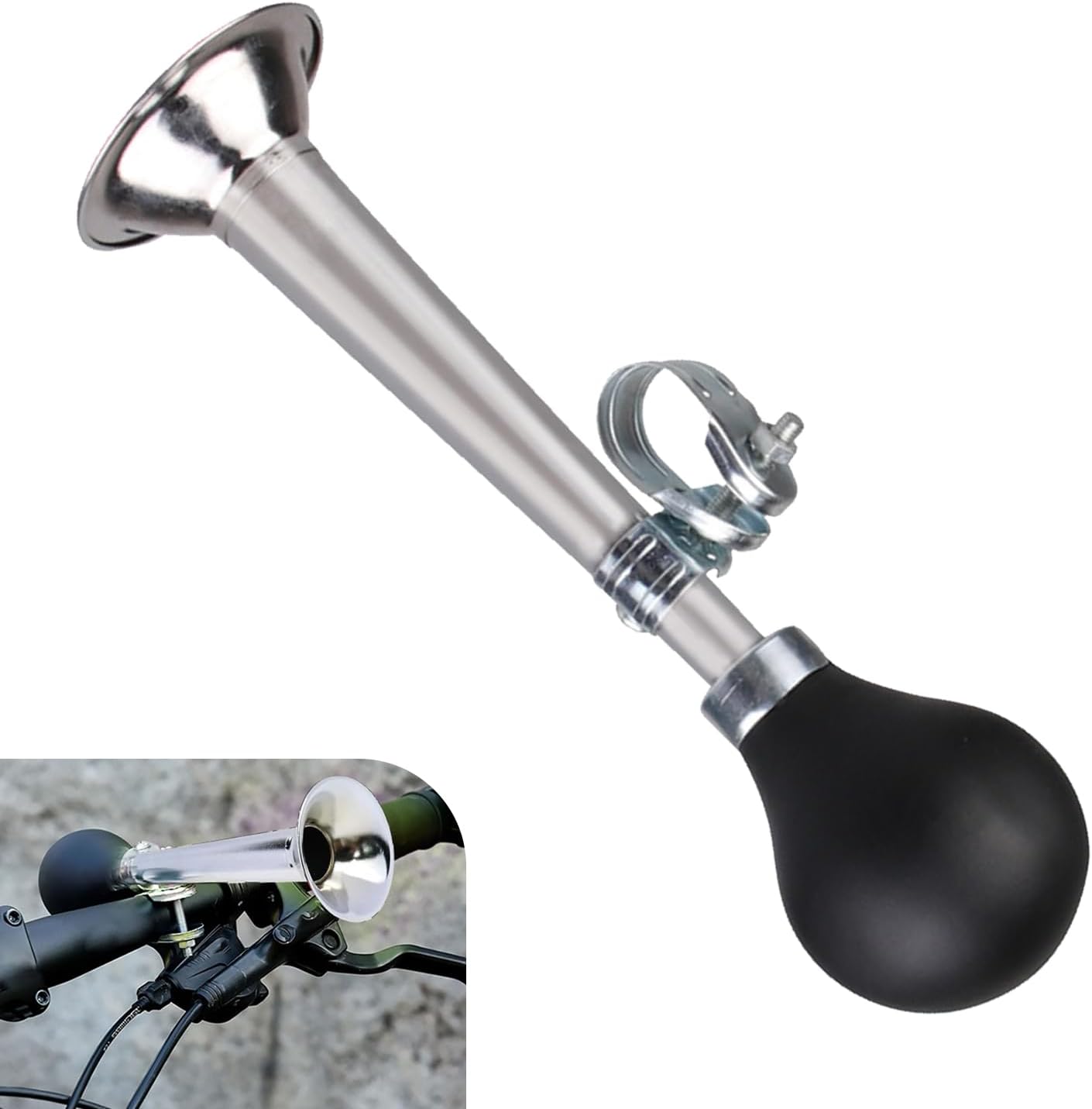 Bike Horn, Loud Sound Handlebar Air Horn for Adults Kids, Classic Squeeze Reminder Bell with Adjustable Clamp, Outdoor Warning Device for Most ATVs Bicycles Mountain Bikes (Silver)