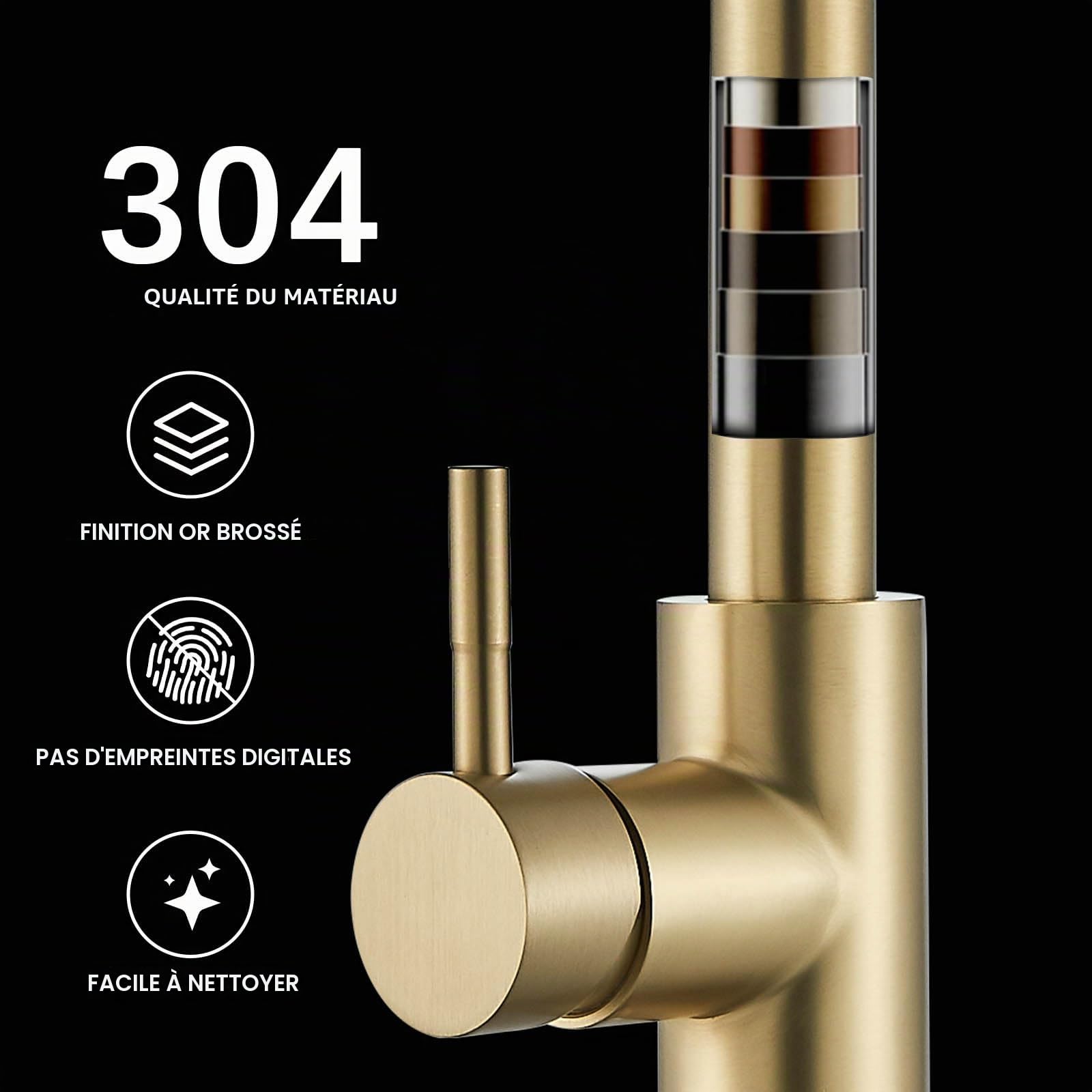 Robinet de Cuisine avec Douchette Extractible, Mitigeur 360° en Acier Inoxydable, Or Brossé, TVTIUO 2 Modes