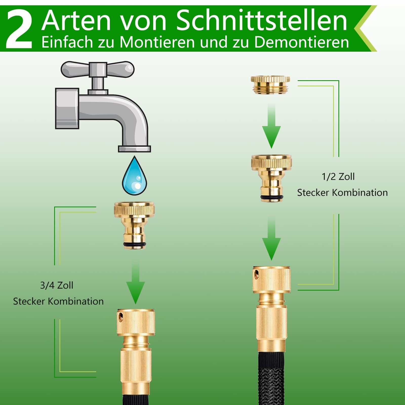 15M/50FT Flexibler Gartenschlauch, Wasserschlauch Dehnbar mit 8 Modi Wassersprühpistole, Adapter für 1/2' 3/4' Zoll und Wandhalterung, Schlauch Flexibel Bewässerung für den Außenbereich