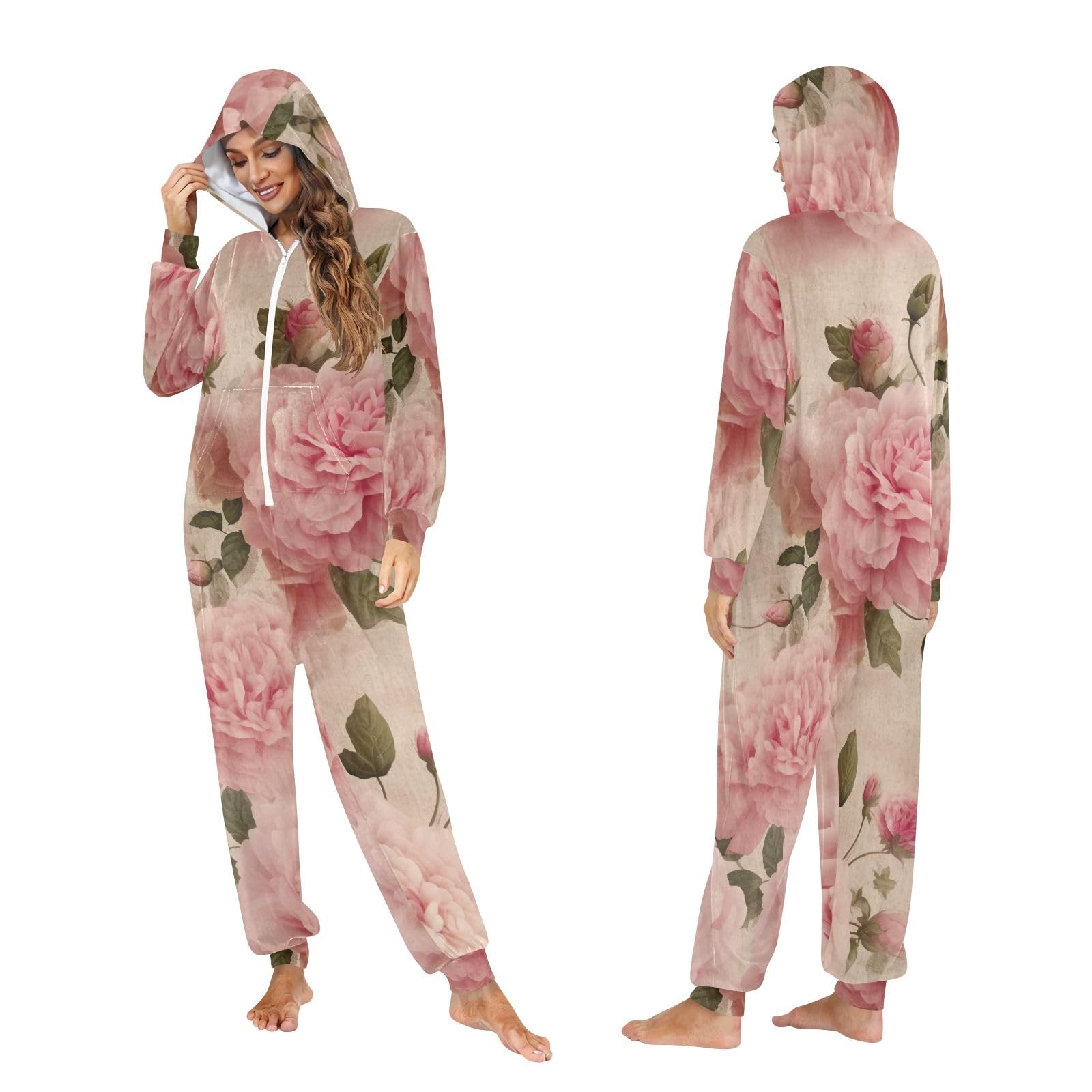 Pigiama intero in pile per adulti con fiori di peonia rosa per donne e uomini con cappuccio e cerniera morbida abbigliamento natalizio