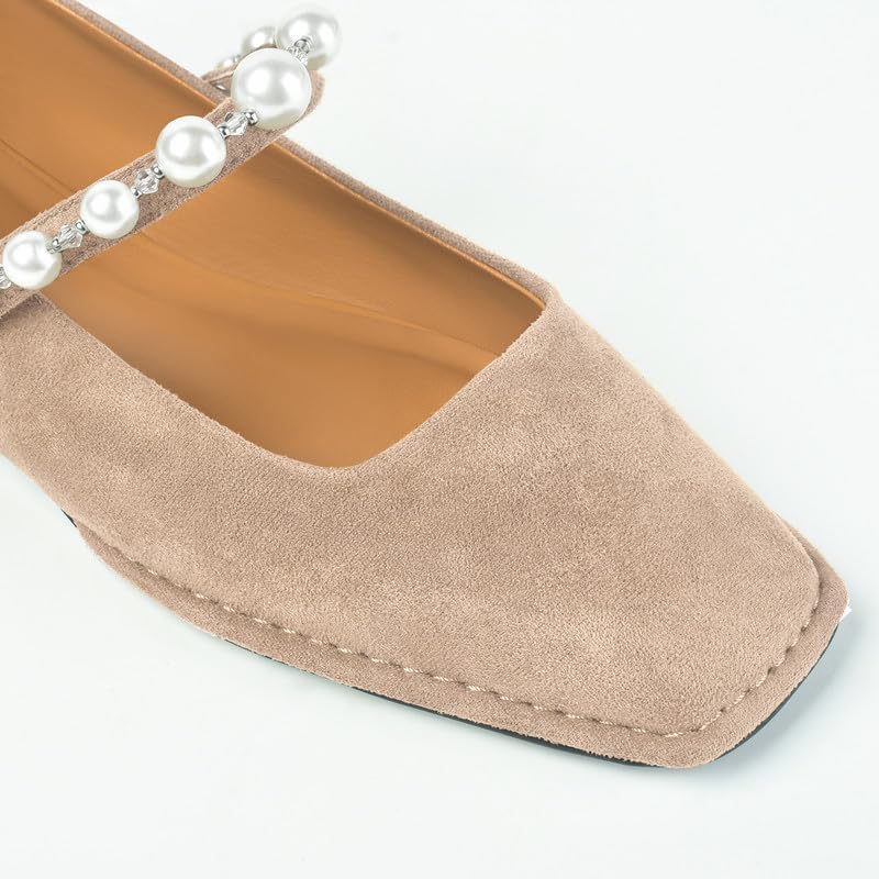 Square Toe Suede Ballet Flats for Women with Pearl Strap Comfortable Elegant Mary Jane Ballerina Shoes