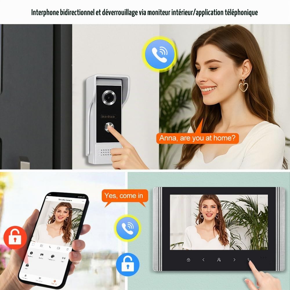 WiFi Tuya Système d'interphone vidéo de porte intelligent pour la maison, Caméra de sonnette vidéo HD 1080P avec moniteur, Écran couleur LCD IPS de 17,8 cm (7 pouces), Audio bidirectionnel