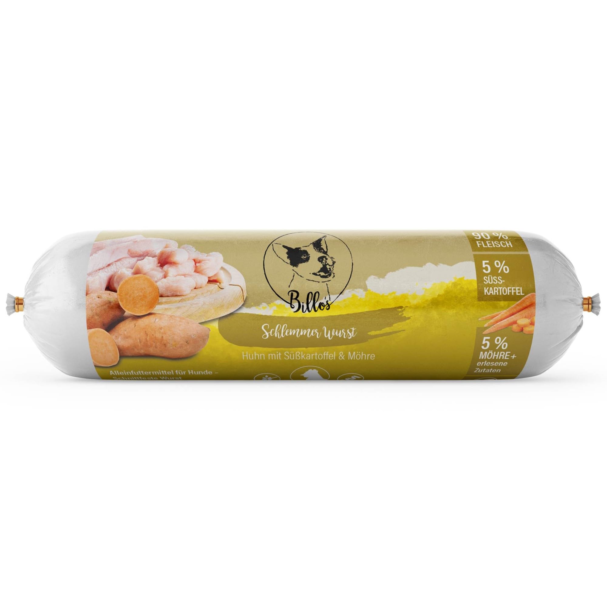 Schlemmerwurst - Salsiccia per cani, resistente ai tagli, senza cereali, pollo con patate dolci e carote, rotolo di salsiccia per cani come cibo completo, snack per allenamento, salsiccia di carne –