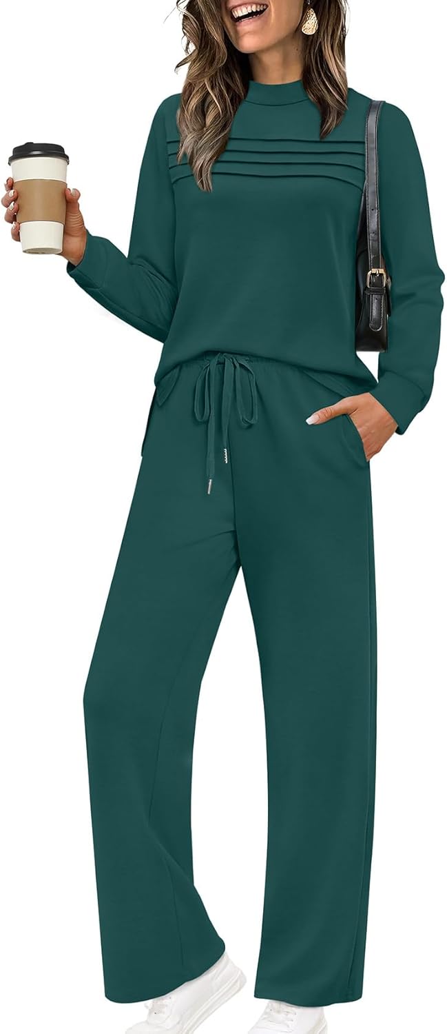 WIHOLL Two Piece Sets for Women Fall Travel Vacation Outfits 2026 Long Sleeve Lounge Sets Side Slit Wide Leg Pants S-3XL