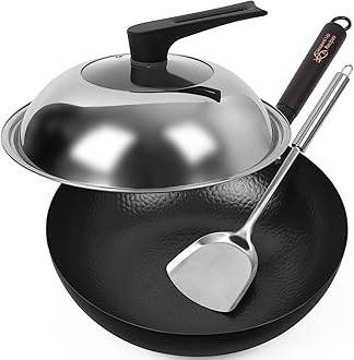 13.4 Inch Carbon Steel Wok For Electric, Induction and Gas Stoves (Lid, Spatula and User Guide Video Included)