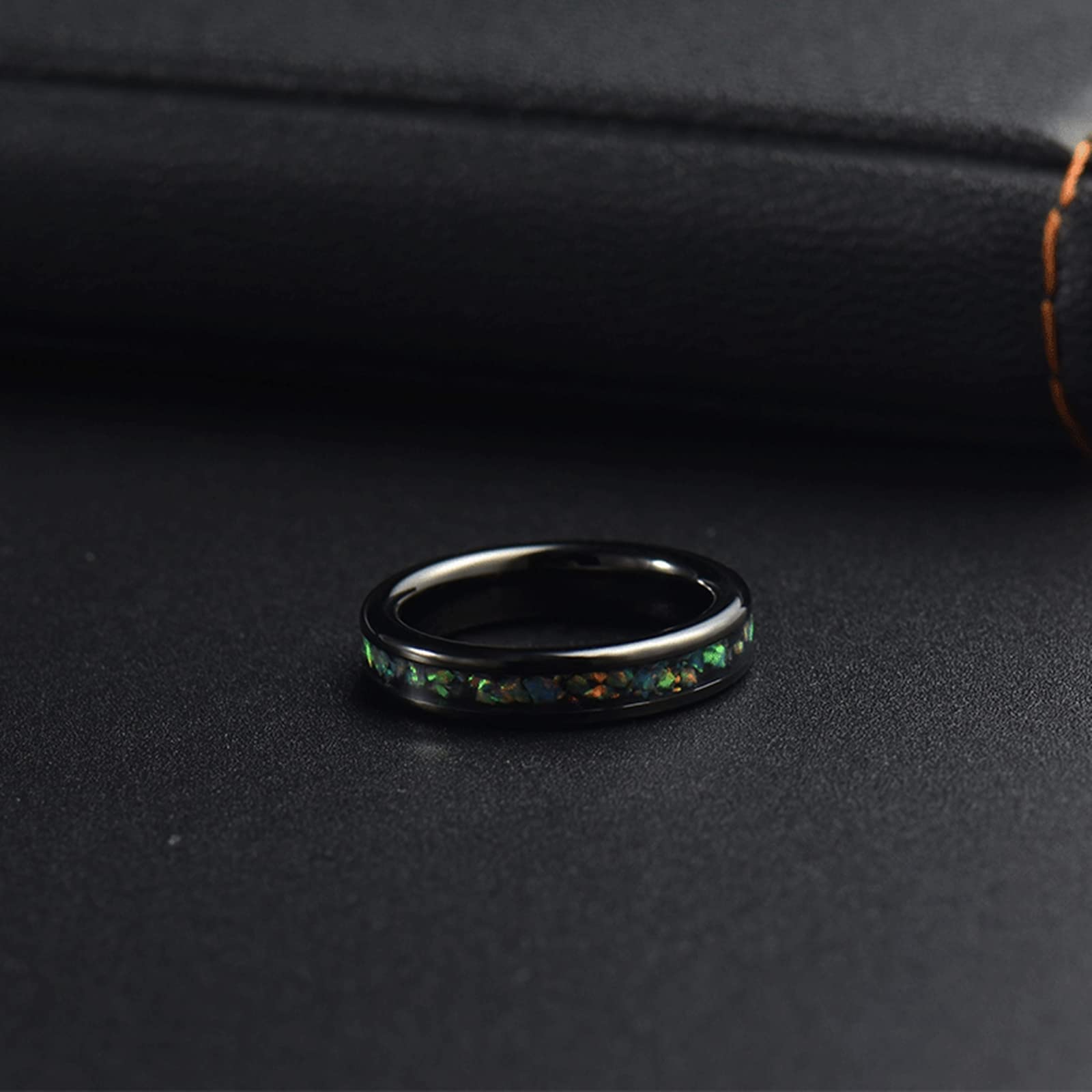 Gualiy Anillo de boda de acero inoxidable, ajuste cómodo, anillos de compromiso, anillos de matrimonio de 4 mm, anillo negro incrustado de concha colorida para mujeres L 1/2 + hombres P 1/2, Women L