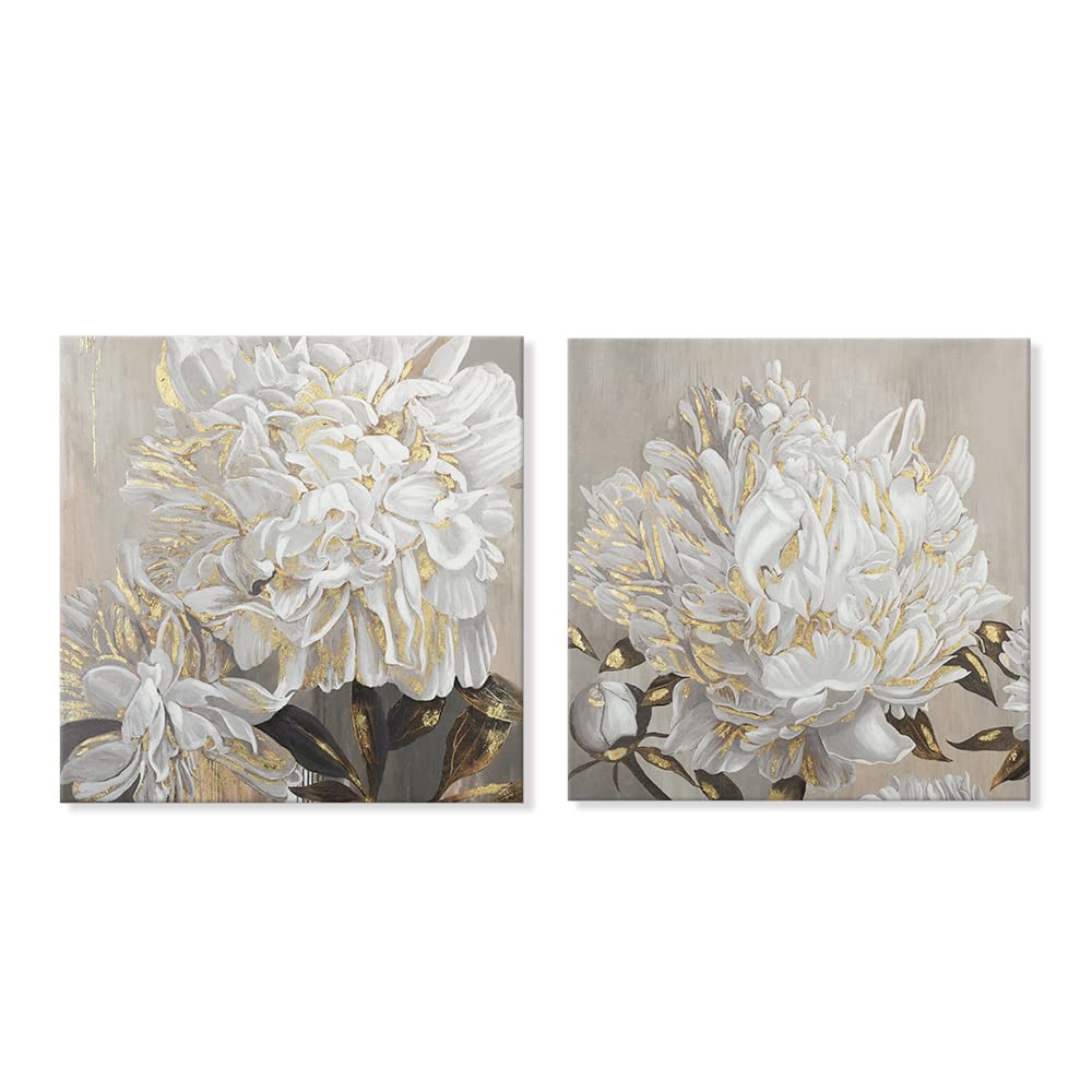 Goldfoilart Flower Canvas Wall Art Modern Abstract White Blooming Floral Picture with Gold Foil Artwork for Home Kitchen Living Room Bedroom Décor 24" x 24" x 2 Pcs
