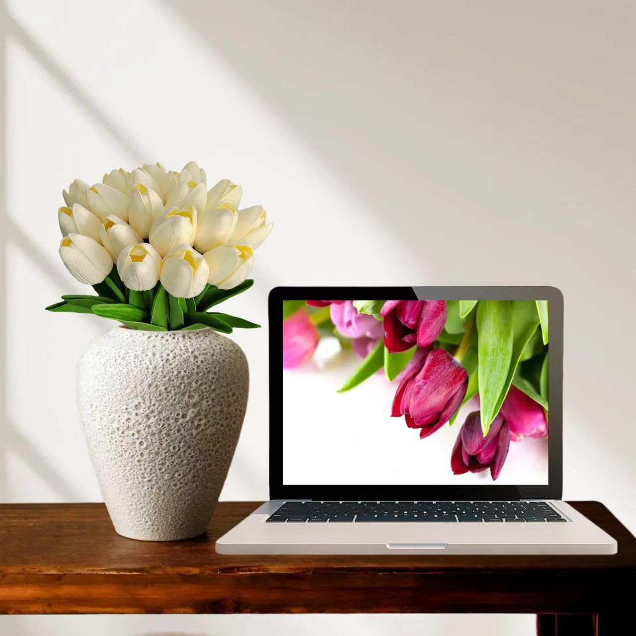 20pcs White Flowers Artificial Silk Tulips Fake Flowers 13.4" for Birthday Party New Year Spring Easter Mother's Day Valentine’s Day Wedding in Bulk Home Garden Office Decorations