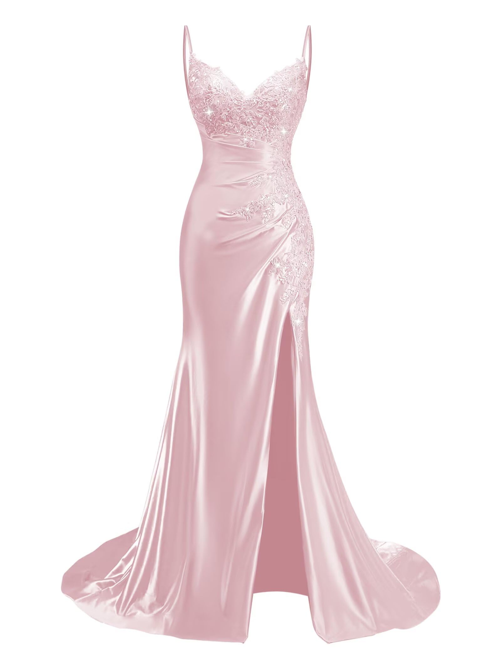 Photo 1 of Mermaid Satin Prom Dresses Long with Slit Spaghetti Strap V Neck Lace Appliques Blush Pink Prom Dress for Women Mermaid Ruched Formal Evening Gown