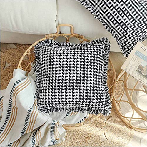 Pupjoe Pillow Covers 18X18 Set Of 2 Throw Pillow Covers Decorative Farmhouse Couch Sofa Boho Neutral Square Woven Textured Houndstooth Pillow Cover Elegant Tassel Black And White(Insert Not Included #TOP29