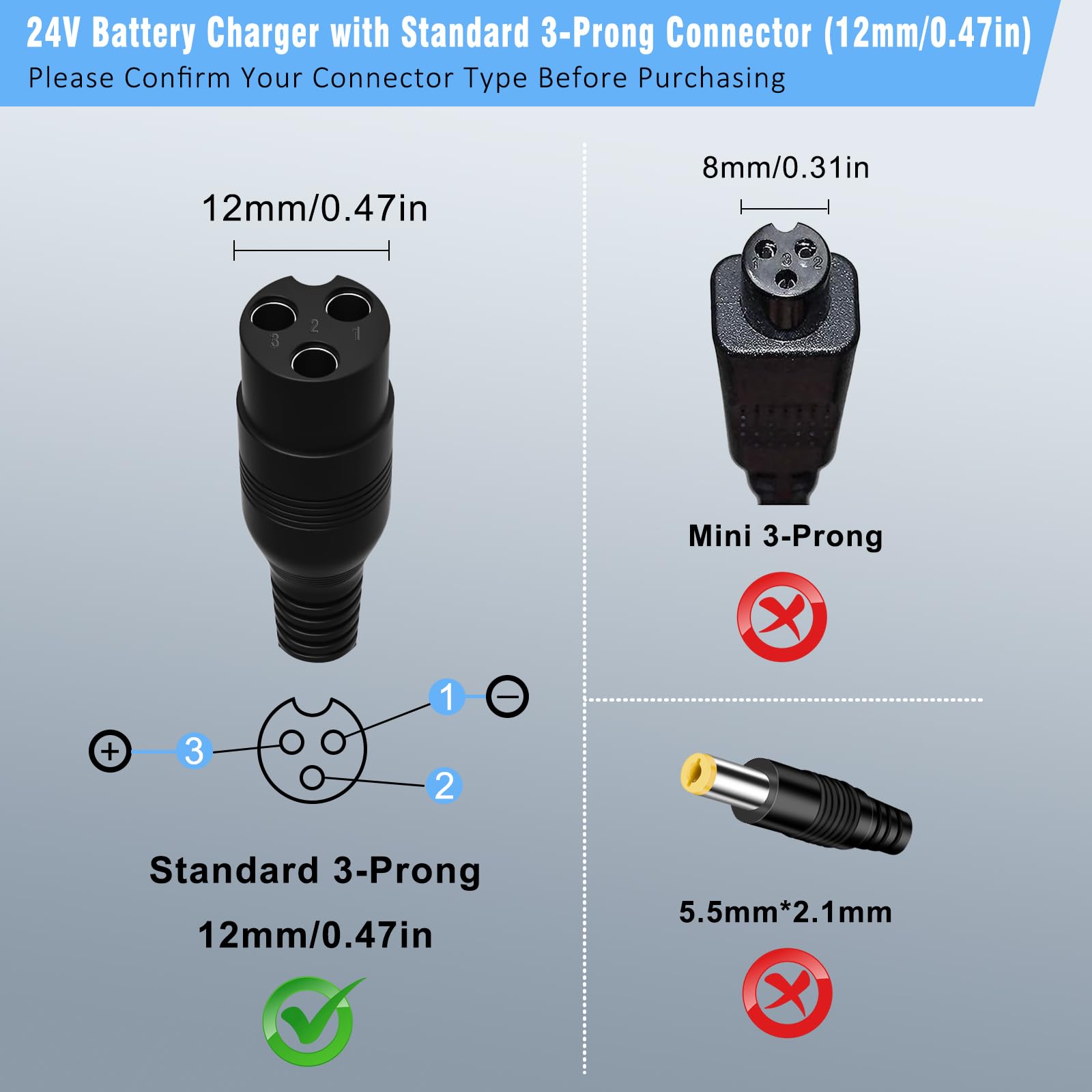 24V Battery Charger Replacement for Razor E100, E200, E300, E500, PR200, MX350, Dirt Bike, Pocket Mod, and Dirt Quad, 3-Prong Inline Female Connector