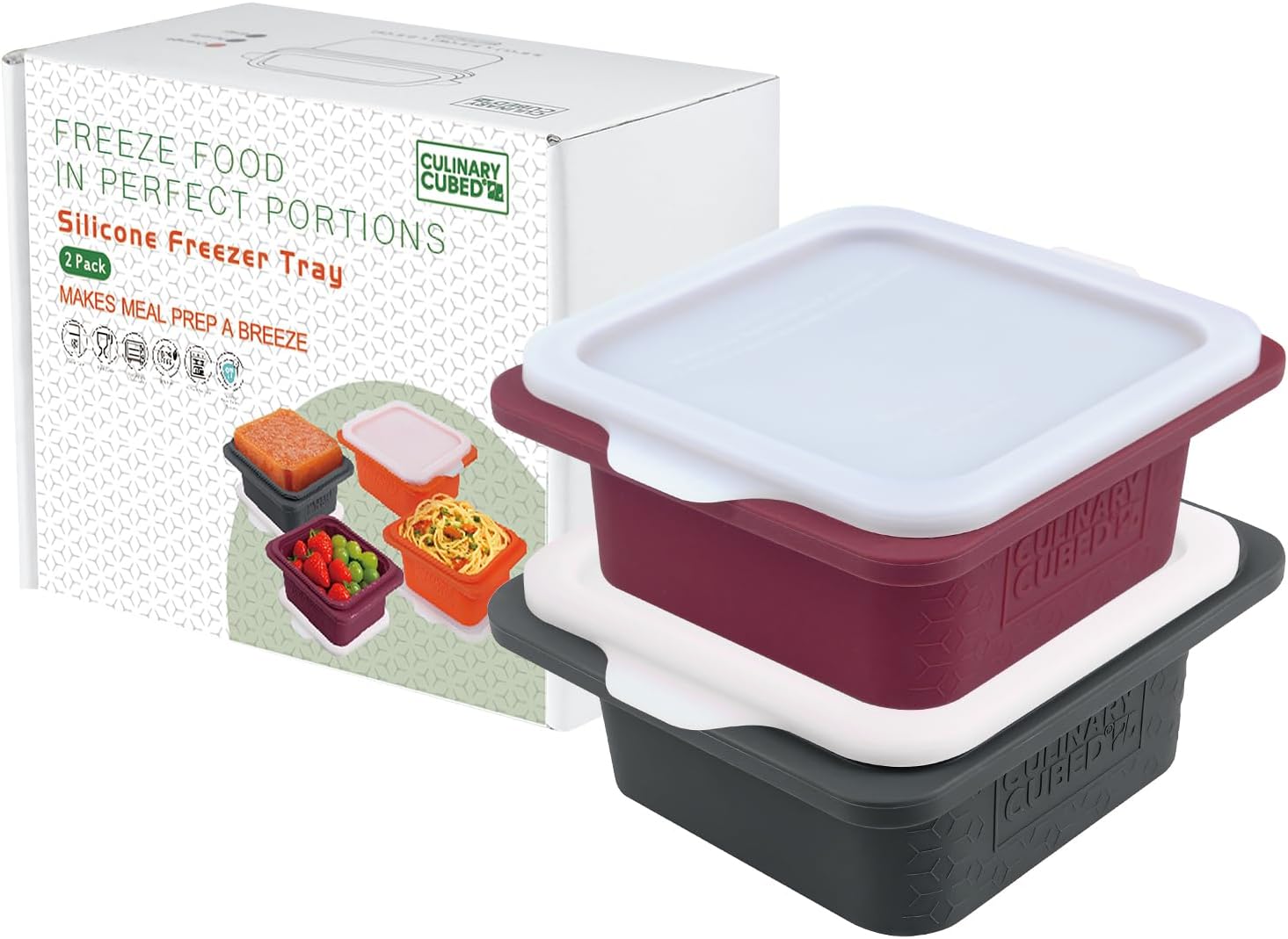 2 Pcs Silicone Freezer Trays with Lids, Food Storage Container for Baby Food, Meal Prep, Broth, Stock, Puree Smoothie Cubes, Easy Release, BPA Free, Dishwasher Safe (Grey+Purple)