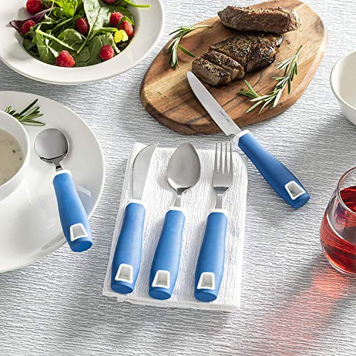 Special Supplies Adaptive Utensils 5-Piece Set Non-Weighted, Non-Slip Handles for Hand Tremors, Arthritis, Parkinson’s or Elderly Use - Stainless Steel Knife, Rocker Knife, Fork, Spoons - Blue - Image 3